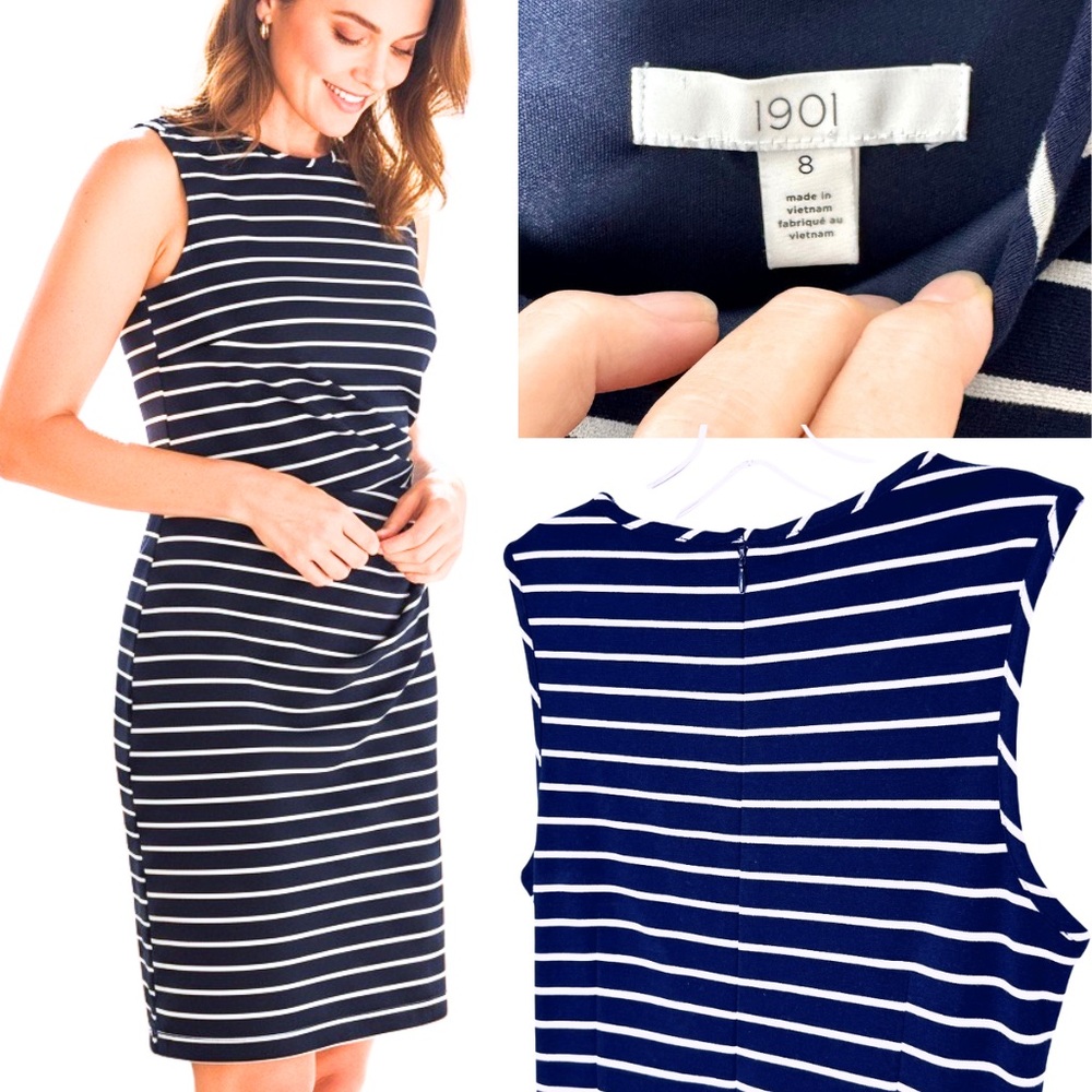 1901 Nordstrom Navy Stripe Sheath Dress 8 Ruched Career Nautical Spring